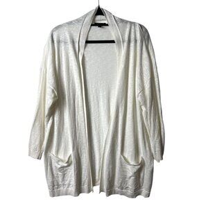 Eileen fisher long‎ open white linen cardigan with pockets women’s size large